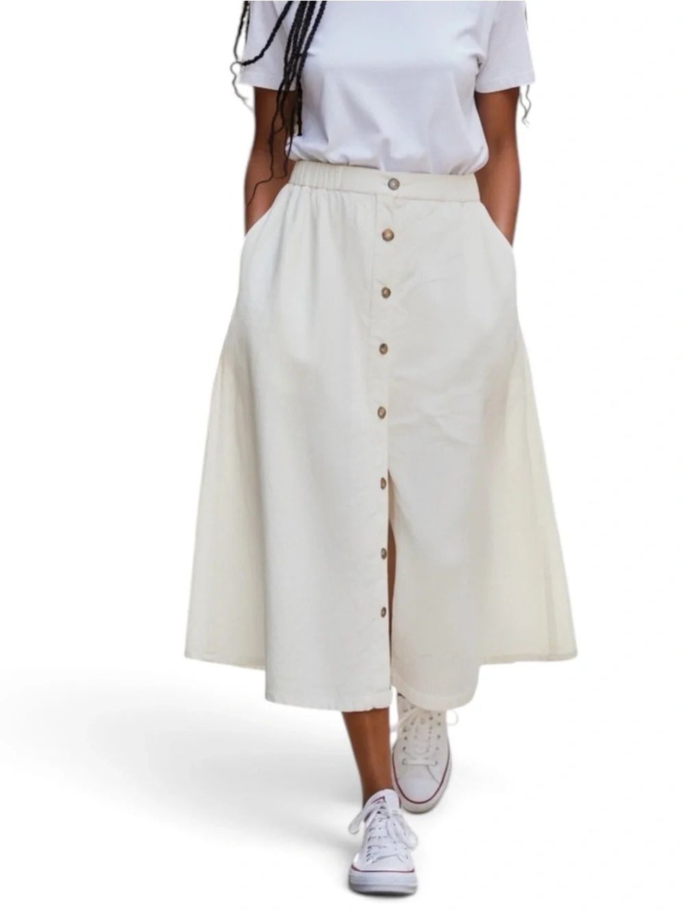 Emily Daniels Button Up Midi Skirt Womens XL White Pockets Linen Blend Lagenlook